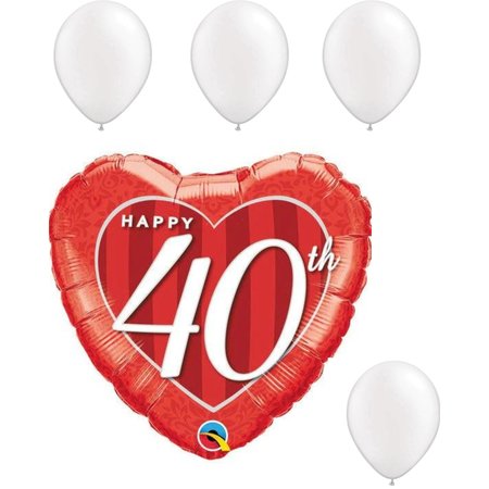 Anniversary Balloons, 18in. HAPPY 40TH DAMASK HEART, 4 Pearl White Latex Set -  LOONBALLOON, LOON-LAB-49115-Q-P
